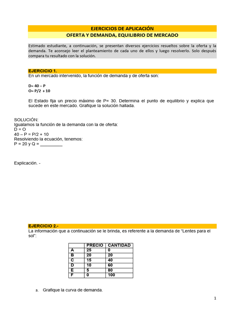 Ejercicios de Equilibrio en Oferta y Demanda | PDF | Oferta (economía ...