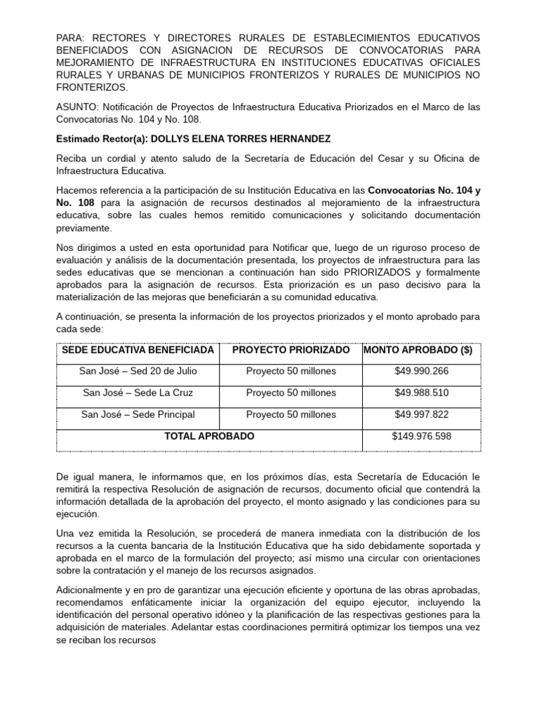 Proyectos de Infraestructura Educativa Aprobados | PDF