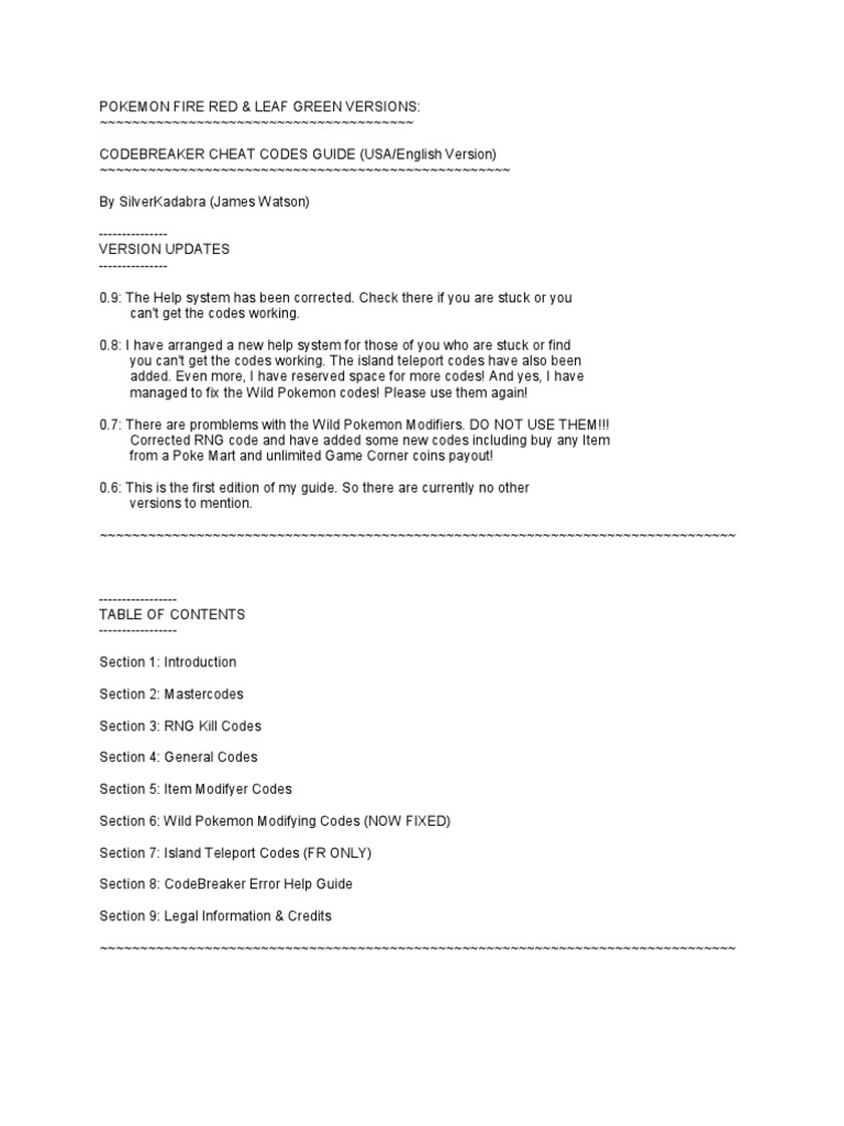 Pokemon Fire Red Cheat Codes Pdf