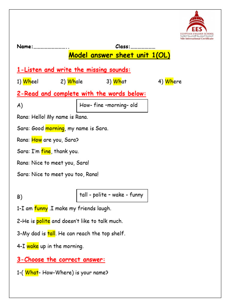 Grade 3 English Unit 1 Model Answers | PDF