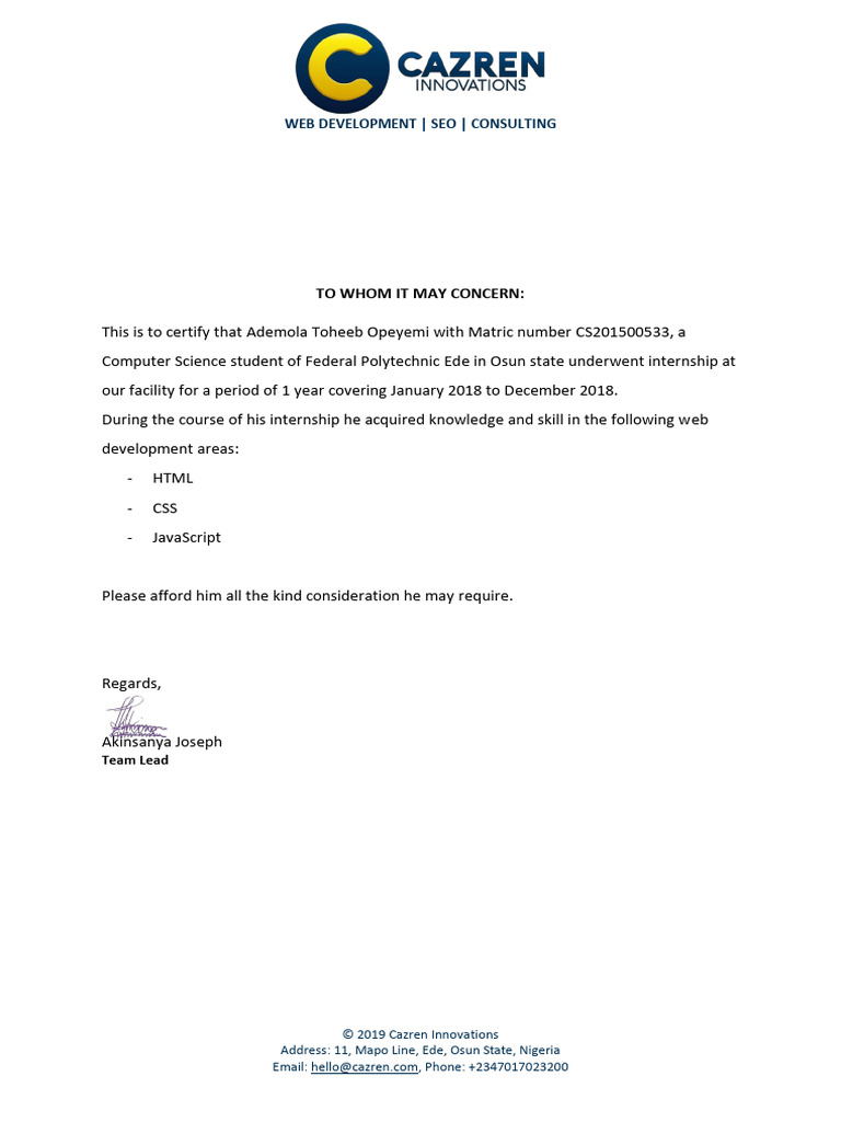Internship Certification for Web Development | PDF