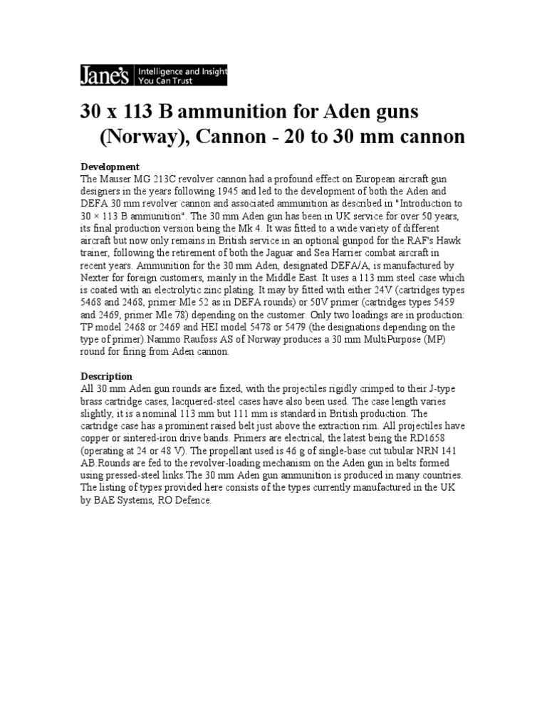 30x113mm Aden Cannon Ammunition Overview | PDF | Technology & Engineering