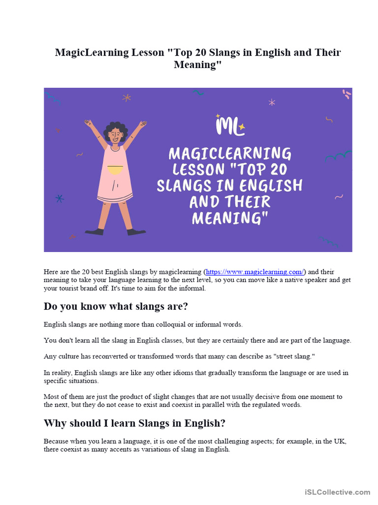 MagicLearning Lesson - Top 20 Slangs in English and Their Meaning | PDF ...
