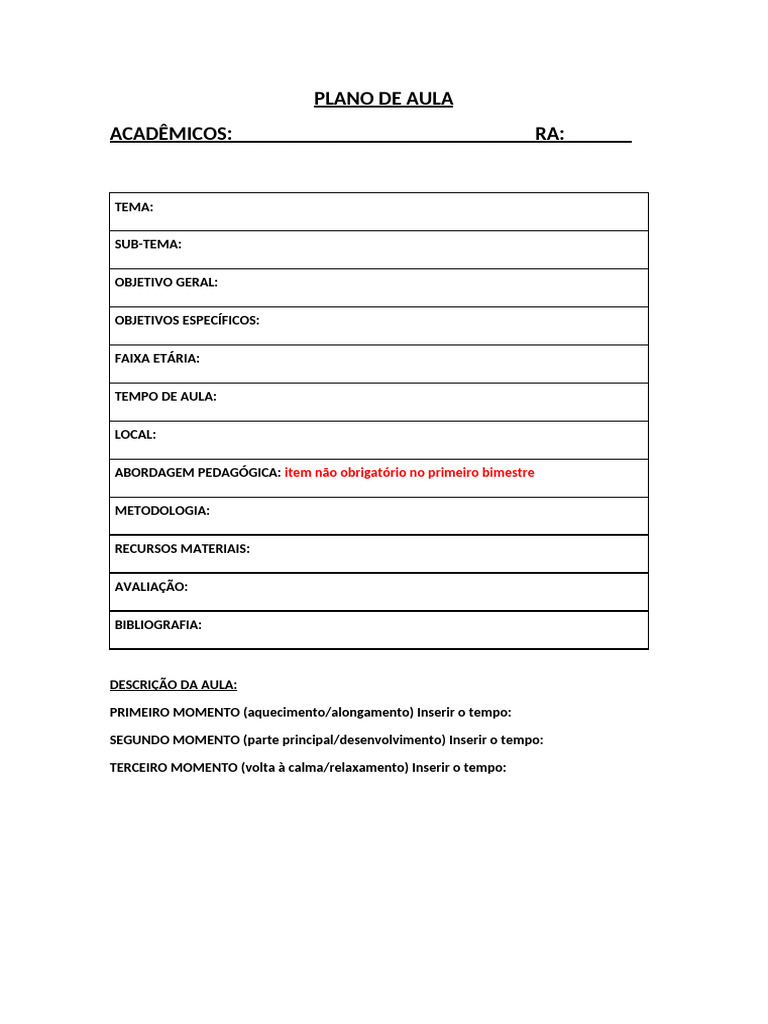 Estrutura de Plano de Aula Completo | PDF