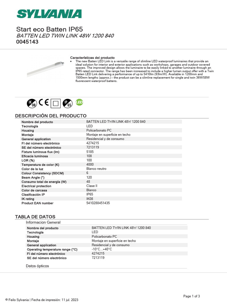Feilo-Sylvania DataSheet Es-Es 0045143 | PDF | Ligero | Radiación
