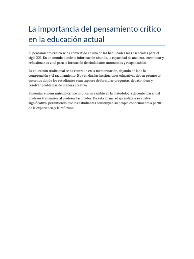 Importancia del pensamiento crítico en educación | PDF