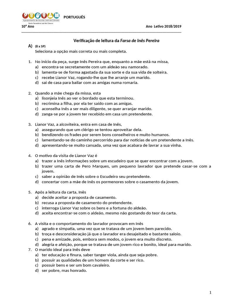 Verificação de Leitura: Farsa de Inês Pereira | PDF