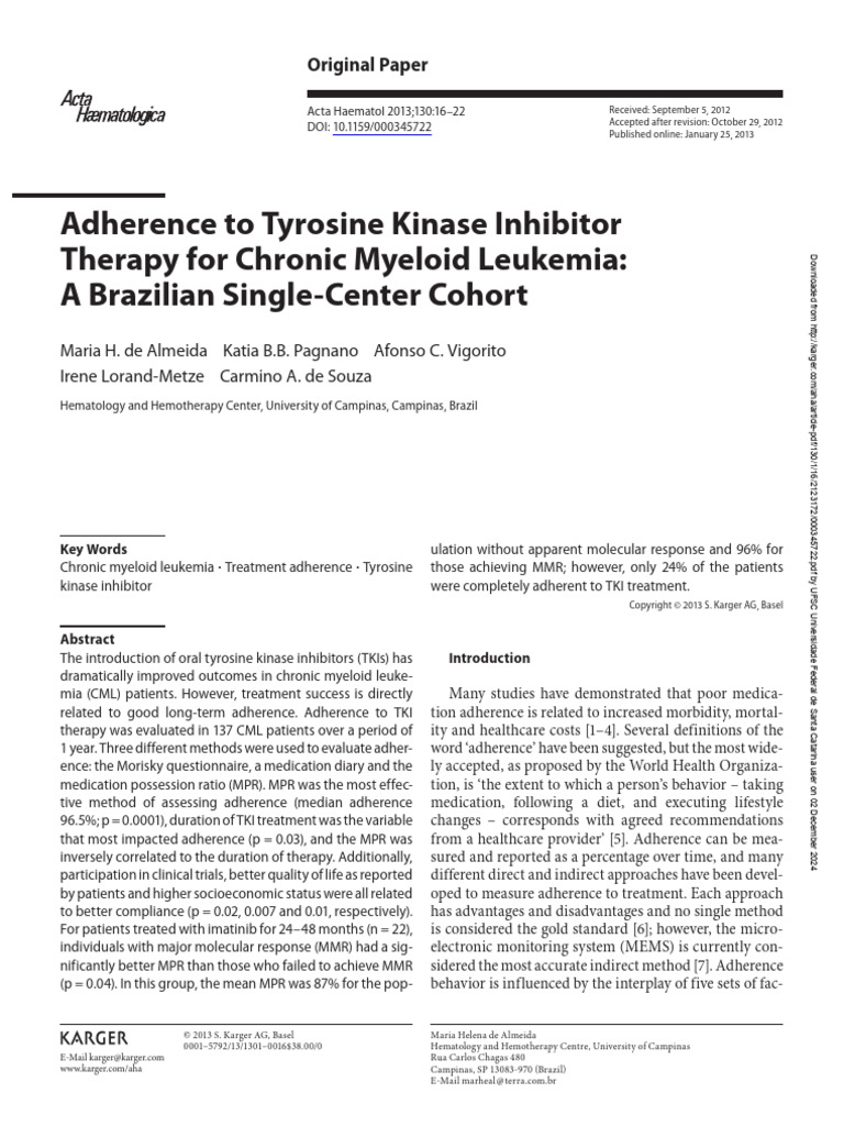 Almeida Et Al. 2013 (Adherence To Tyrosine Kinase Inhibitor Therapy For ...