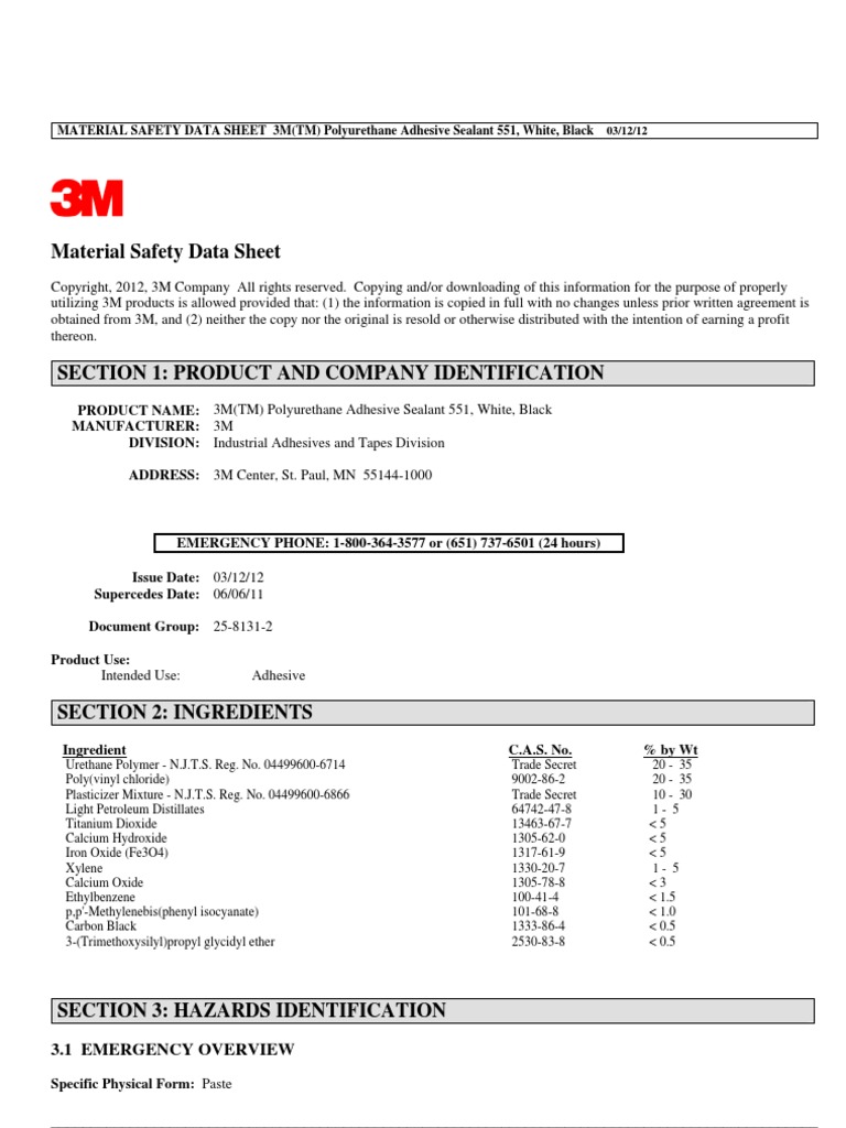 3M Polyurethane Adhesive Sealant Msds Personal Protective Equipment