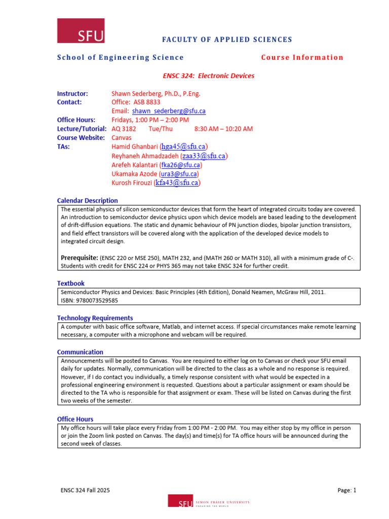 786 ENSC 324 Syllabus | PDF | P–N Junction | Bipolar Junction Transistor