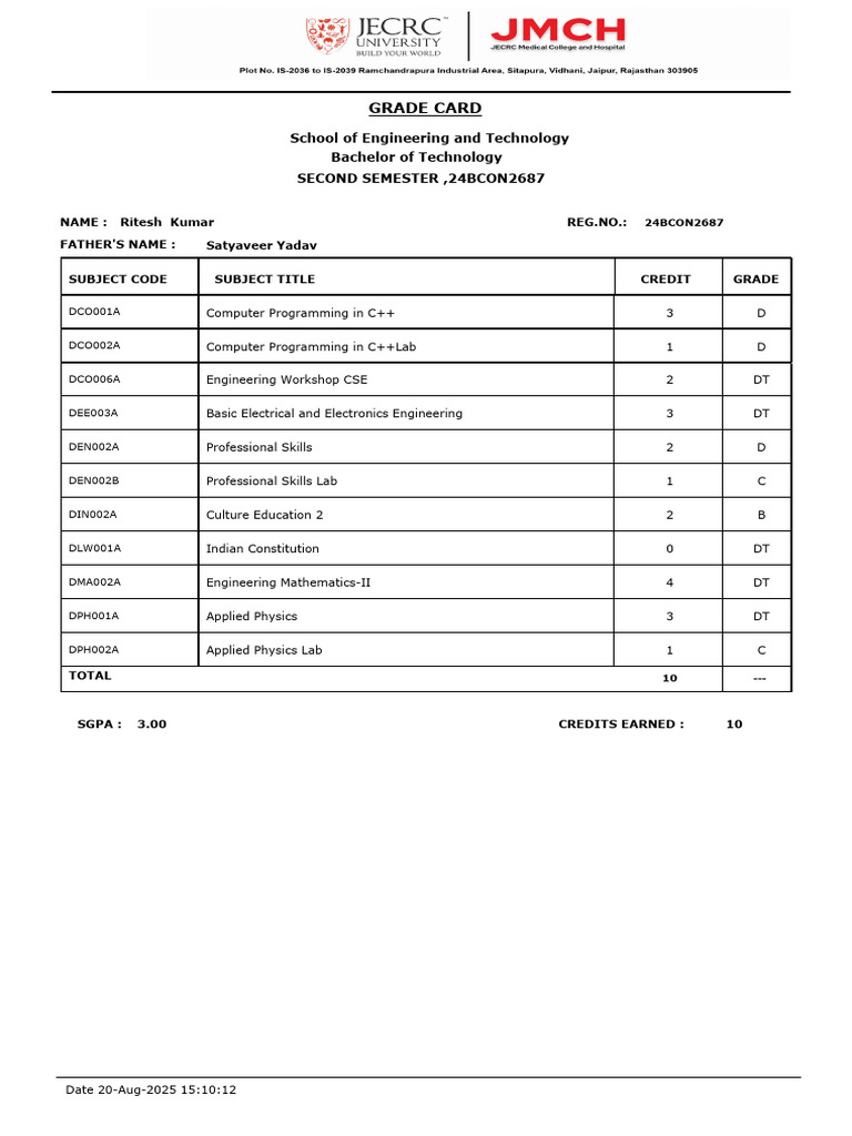 B.Tech Second Semester Grade Card | PDF
