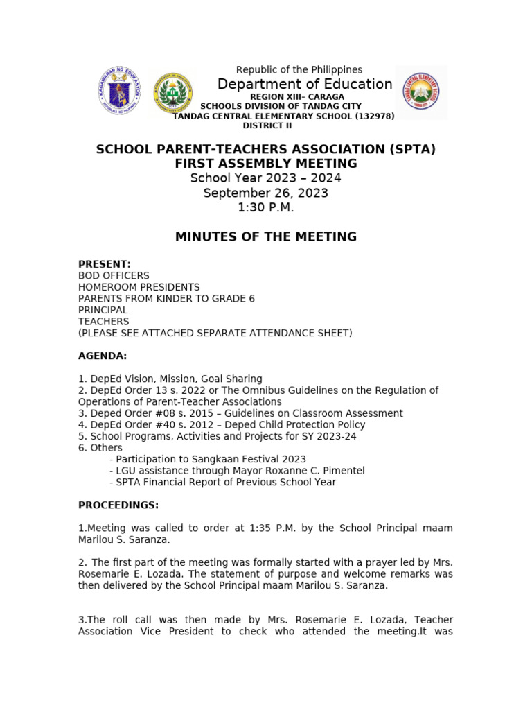 First Assembly Meeting Minutes Final TCES | PDF | Child Protection
