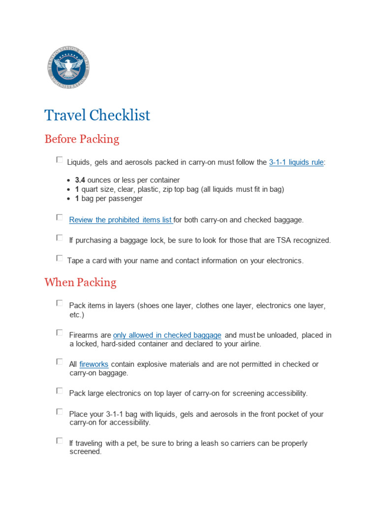 Tsa Travel Checklist | PDF