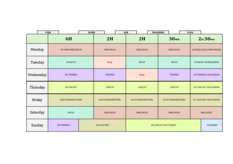 Weekly Study Schedule for Quran & Subjects | PDF