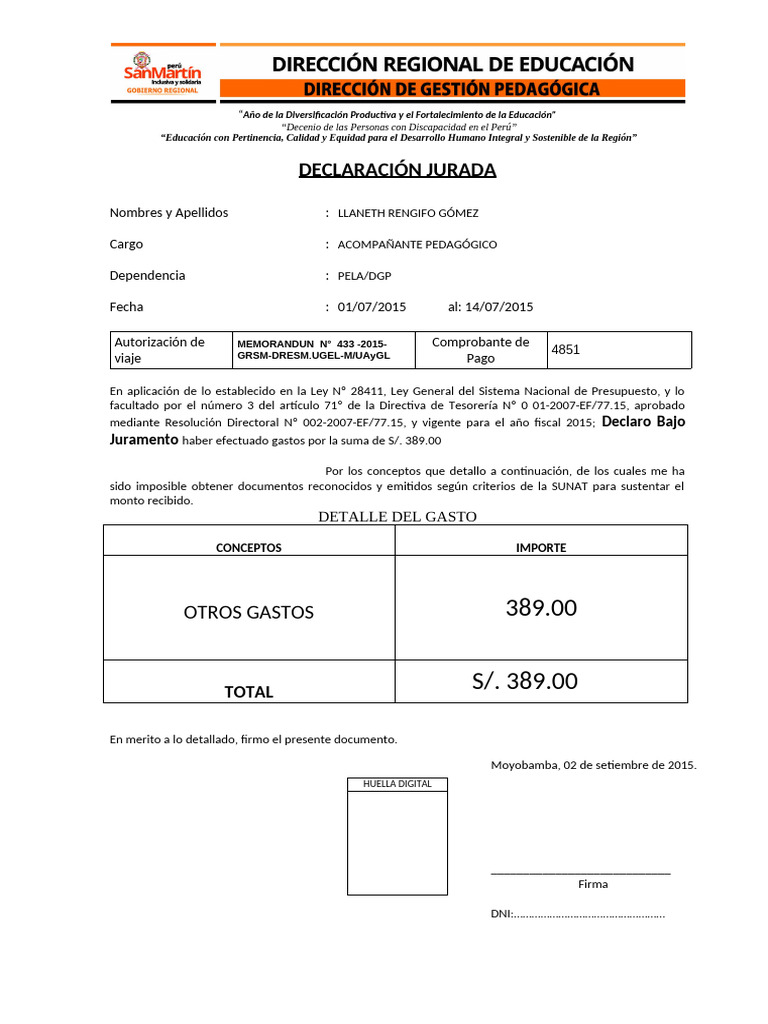 Declaracion Jurada de Gastos | PDF