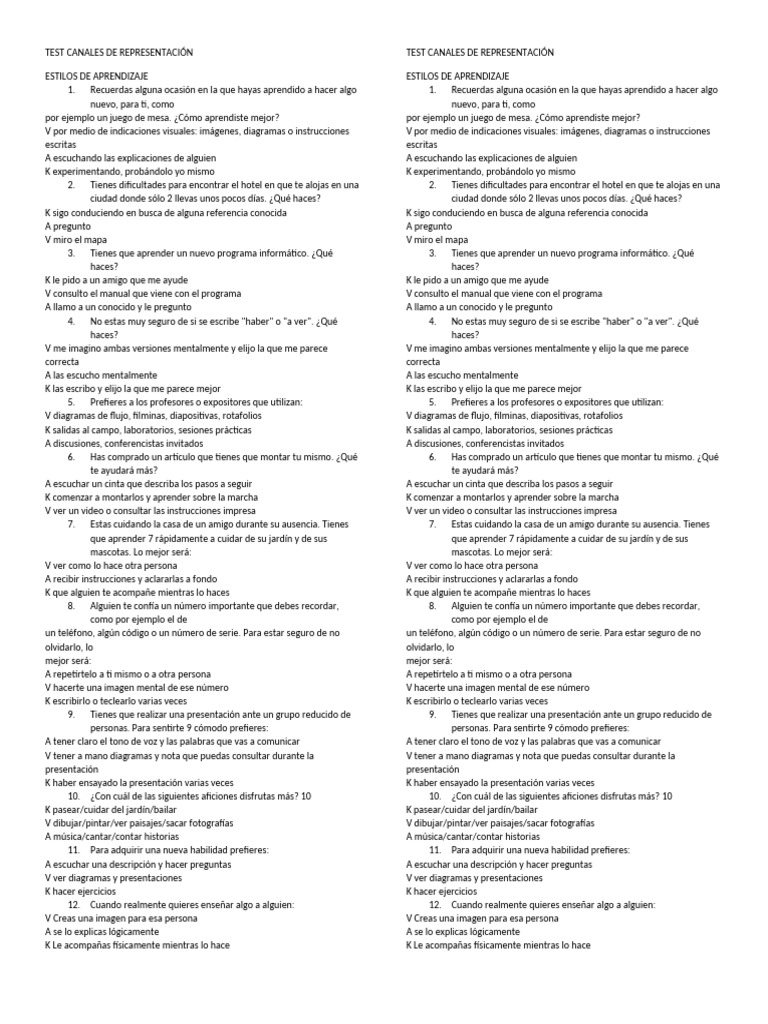 Test de Estilos de Aprendizaje Visual, Auditivo y Kinestésico | PDF