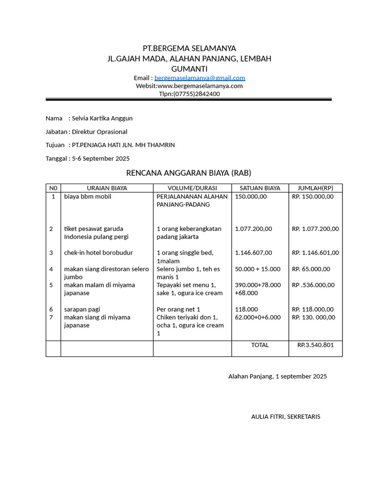 RAB Perjalanan Dinas PT. Bergema | PDF