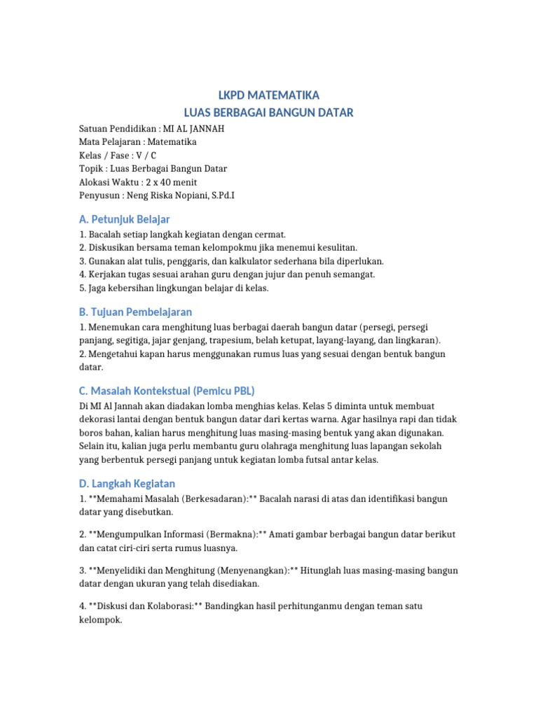 LKPD Luas Bangun Datar Kelas 5 | PDF