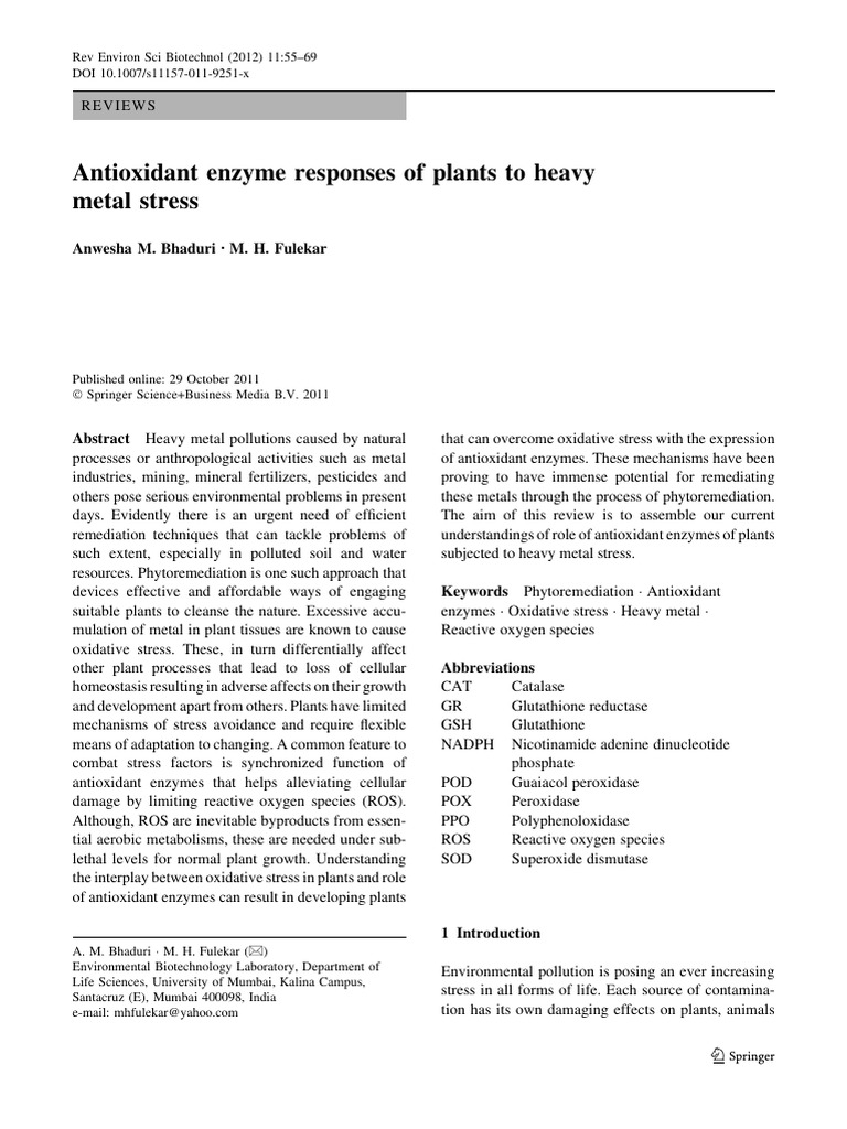 Antioxidant Enzyme Responses of Plants To Heavy Metal Stress | PDF ...
