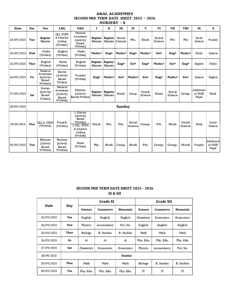 Second Mid Term Datesheet Grades Nursery To XII 2025 - 2026 | PDF | Science