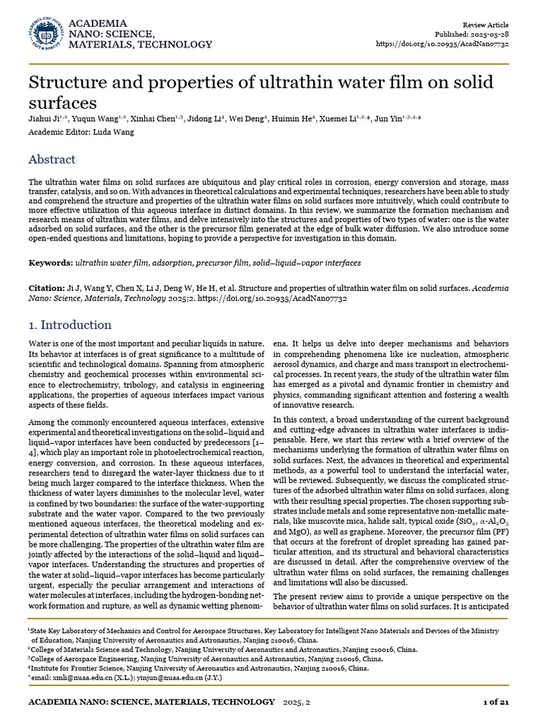 Ultrathin Water Films on Solid Surfaces | PDF | Adsorption | Molecules