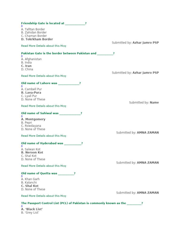 MCQS | PDF | Pakistan | Karachi