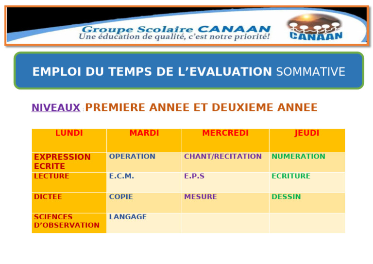 Emploi du temps évaluation sommative | PDF