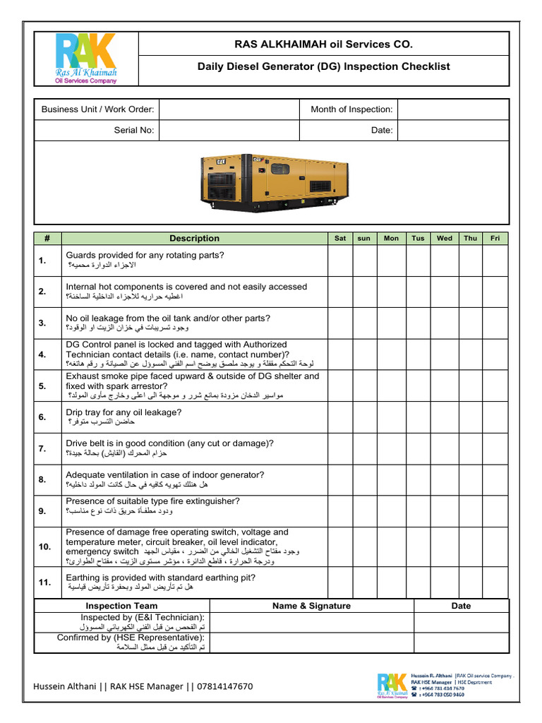 Daily Diesel Generator (DG) Inspection Checklist | PDF