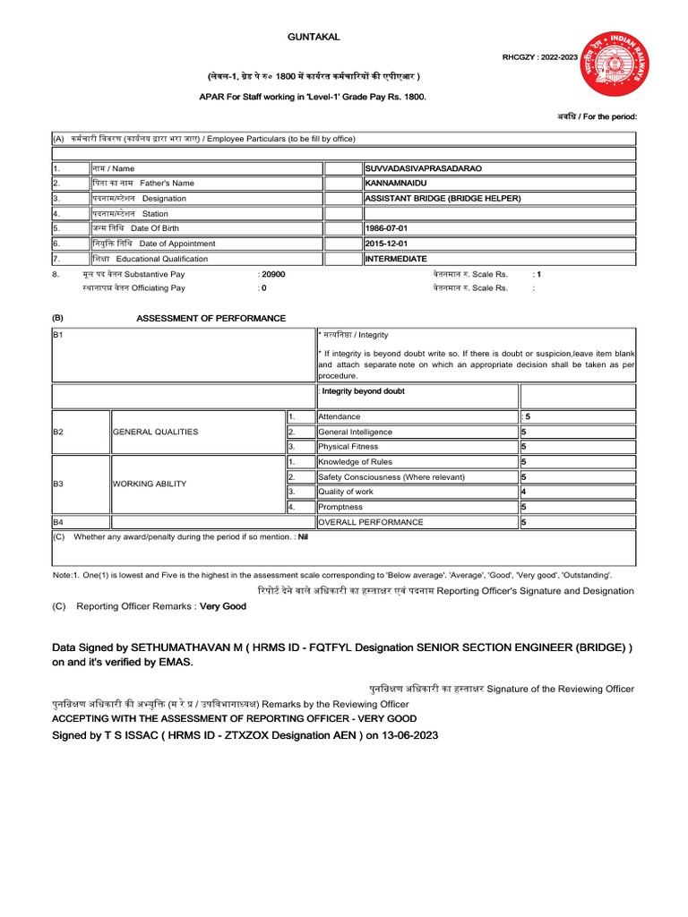 APAR Report for Level-1 Staff 2022-2023 | PDF | Chess | Chess Theory