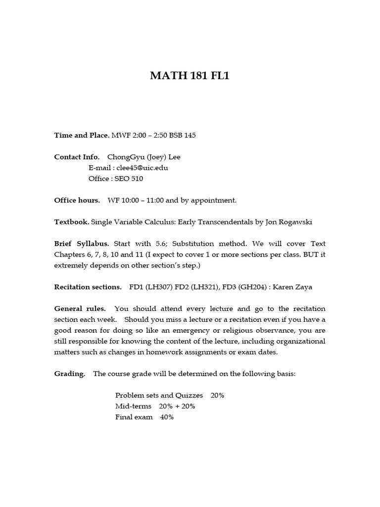 MATH 181 Course Overview - UIC Fall 2010 | PDF