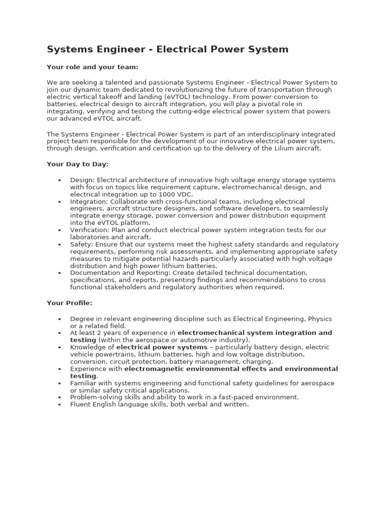 Systems Engineer - Electrical Power System | PDF | Systems Engineering ...