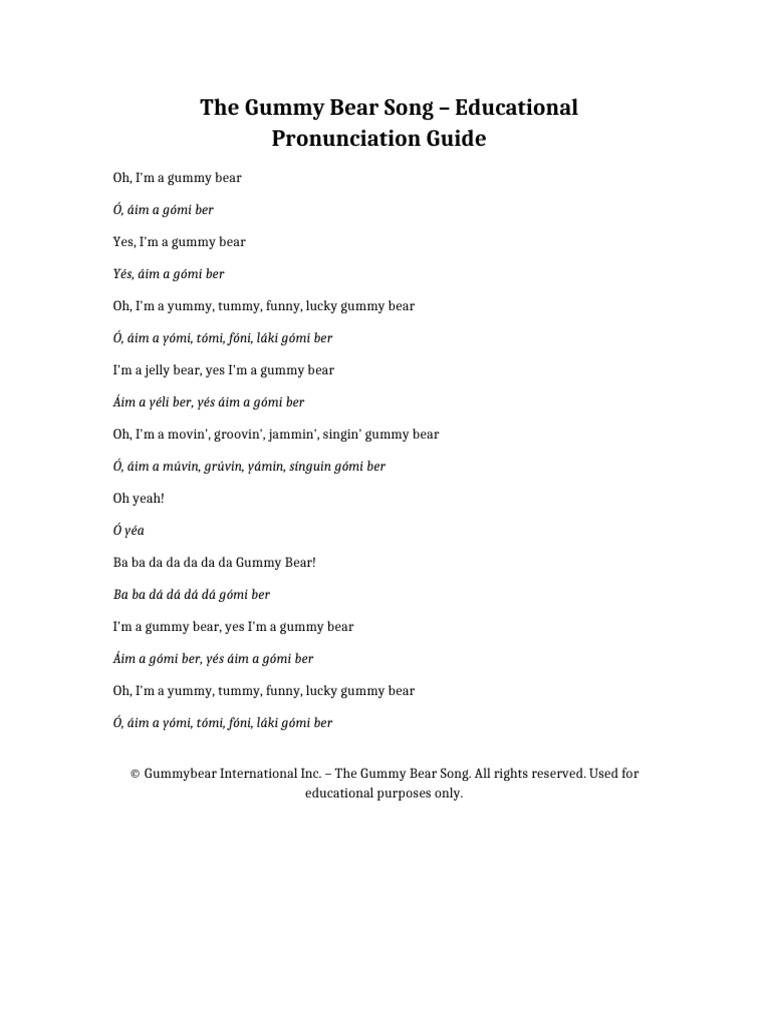 The Gummy Bear Song Original Educational Ghizeth | PDF, image size:768x1024