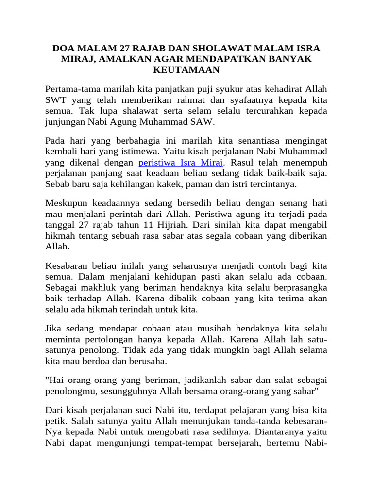 Doa Malam 27 Rajab dan Hikmah Isra Miraj | PDF