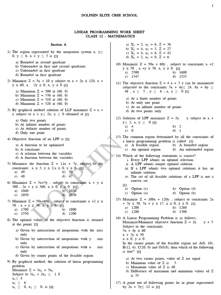 Class 12 Linear Programming Worksheet | PDF | Linear Programming ...