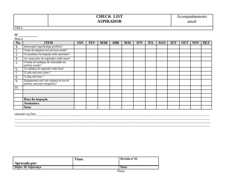 Checklist Anual de Manutenção de Aspiradores | PDF