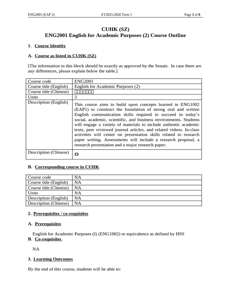 ENG2001 Course Outline: EAP 2 | PDF | Public Speaking | Methodology
