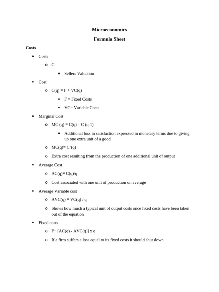 Microeconomics Formula Sheet Guide | PDF | Demand | Elasticity (Economics)