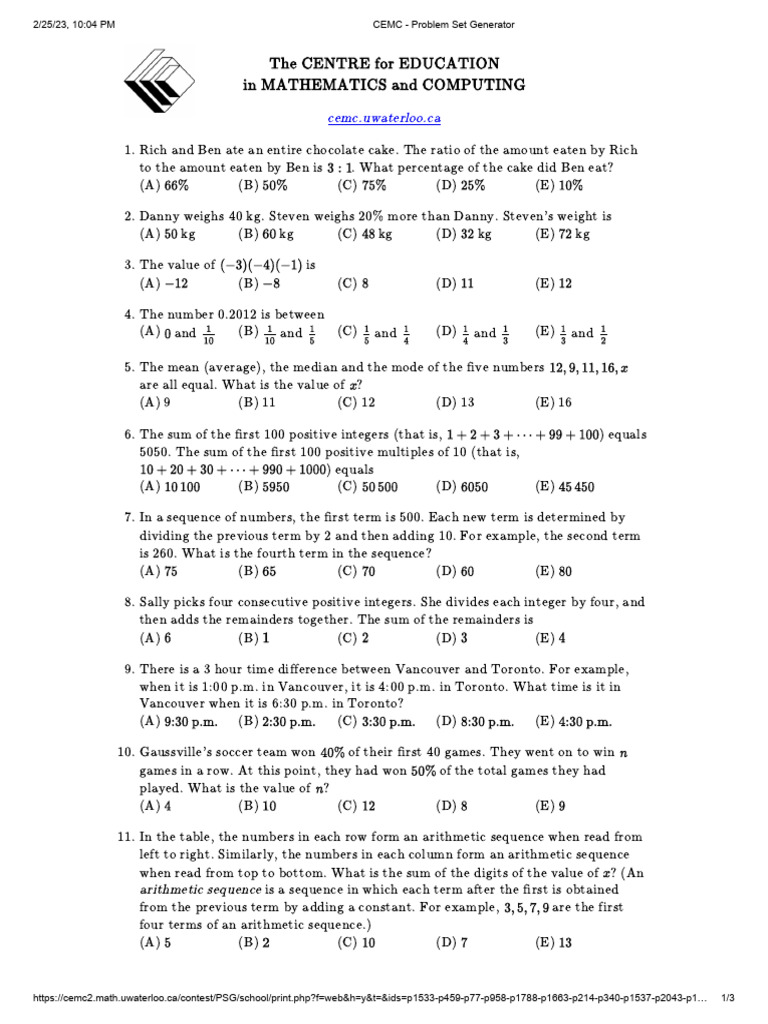 CEMC Problem Set Generator Overview | PDF | Summation | Numbers