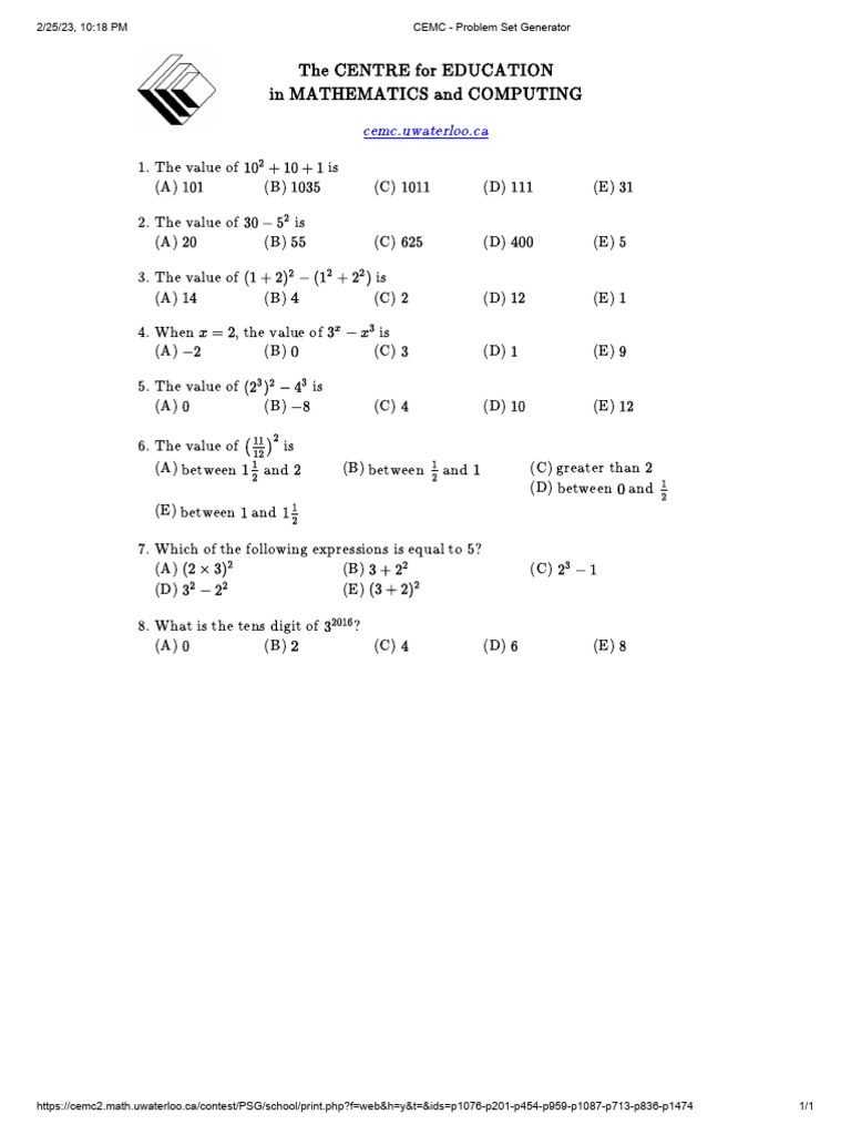 CEMC - Problem Set Generator 3 | PDF