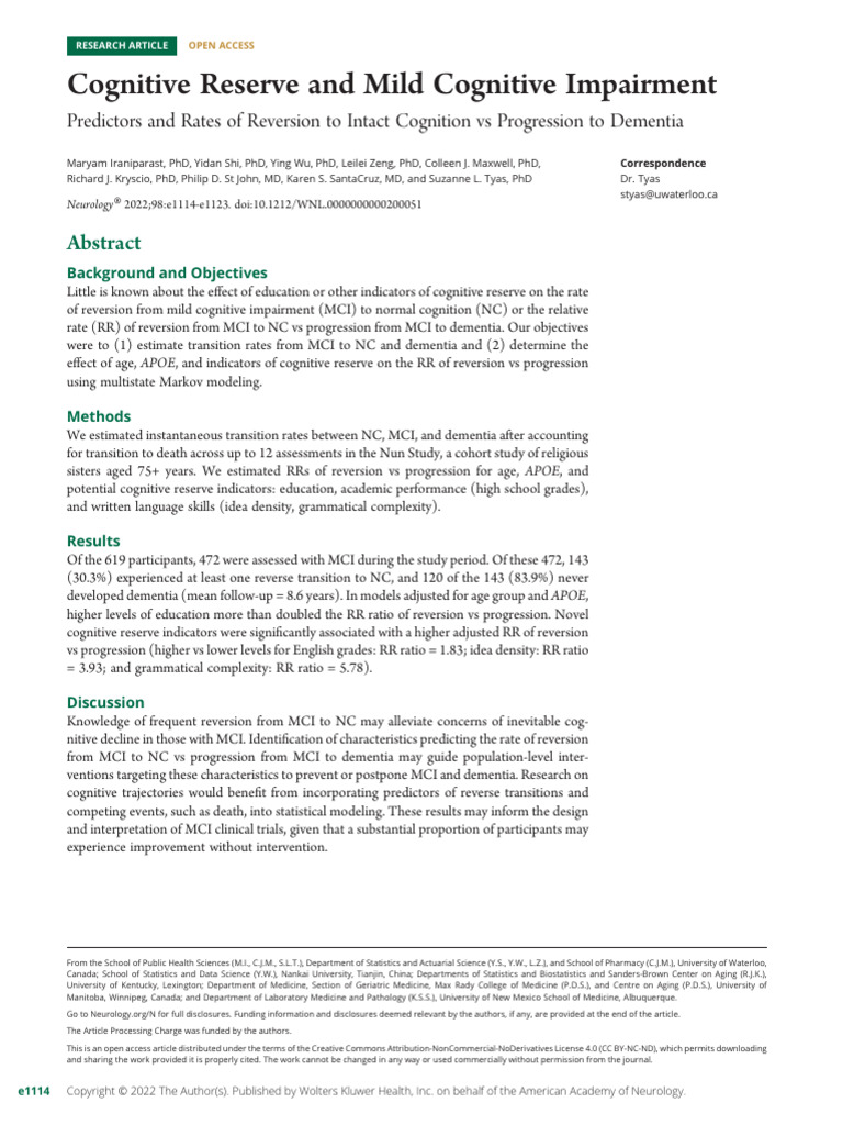 Cognitive Reserve's Impact on MCI Transition Rates | PDF | Dementia ...