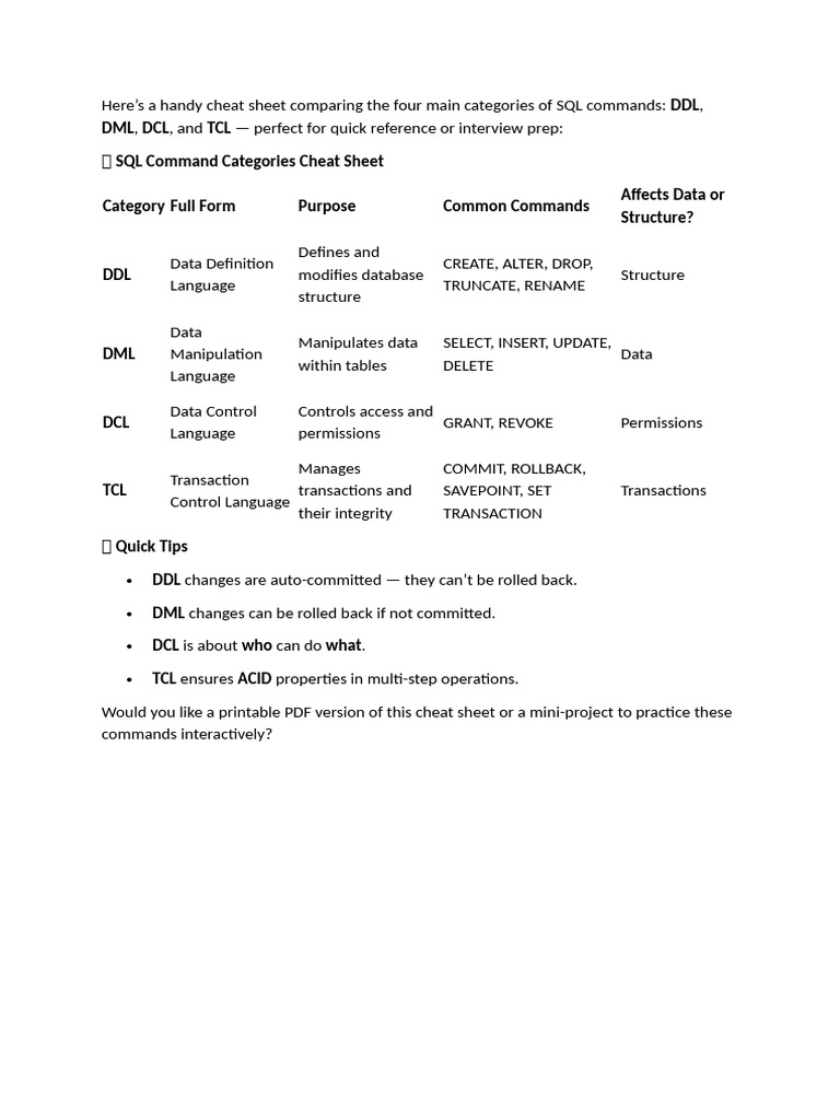 SQL Commands Categories Cheat Sheet | PDF