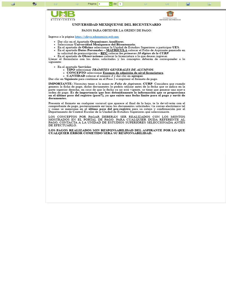 Guía para Orden de Pago UMB 2023 | PDF
