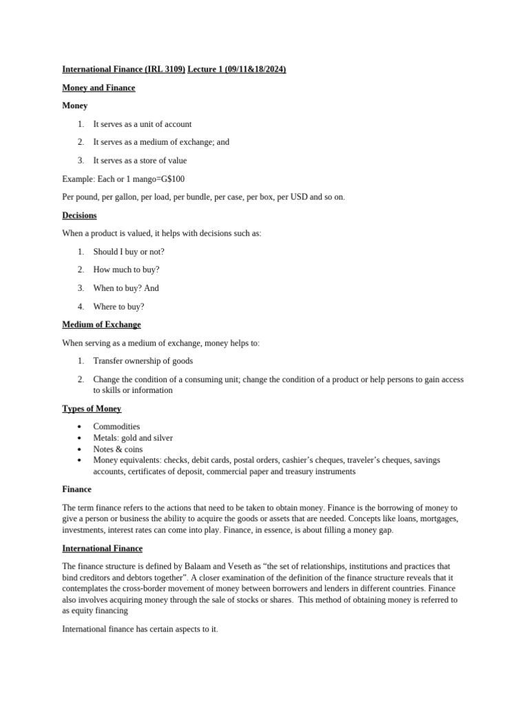 Internation Finance Notes | PDF | Foreign Direct Investment ...