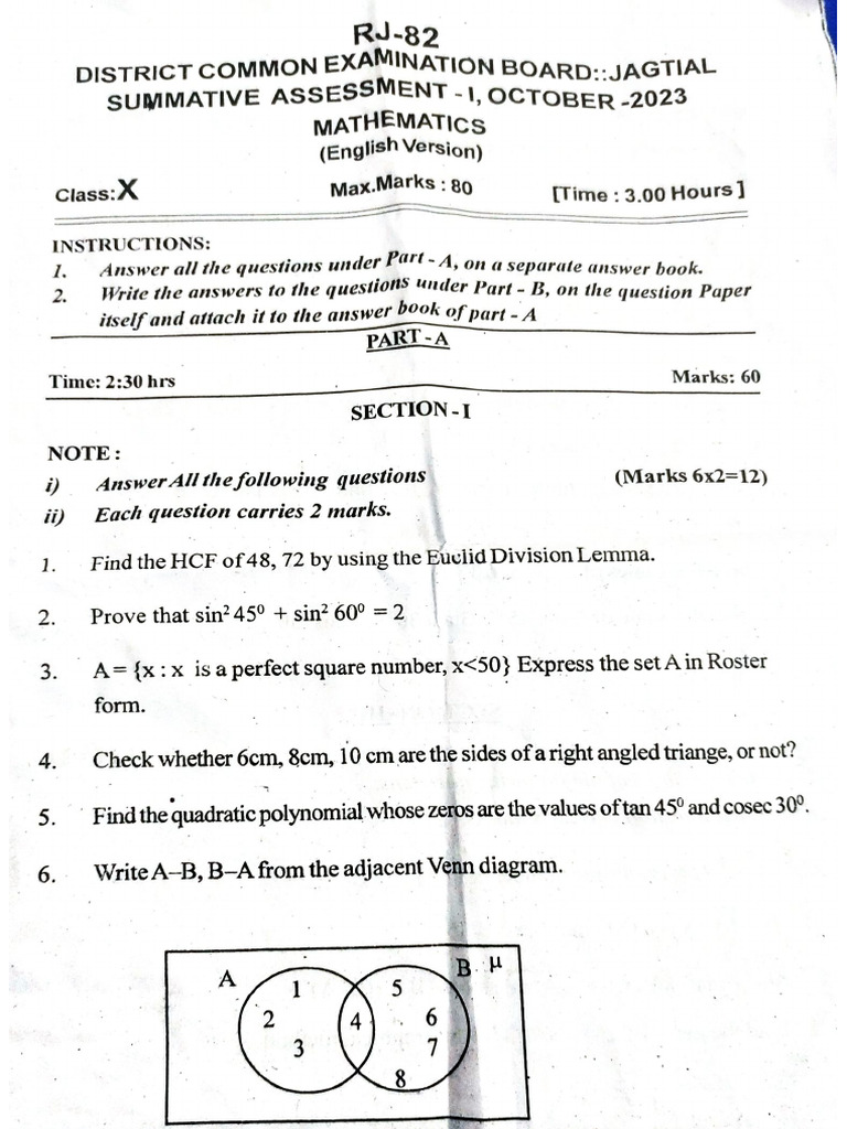 Ts Maths S.a-1 Jagityal Dist Q.P 2023 | PDF