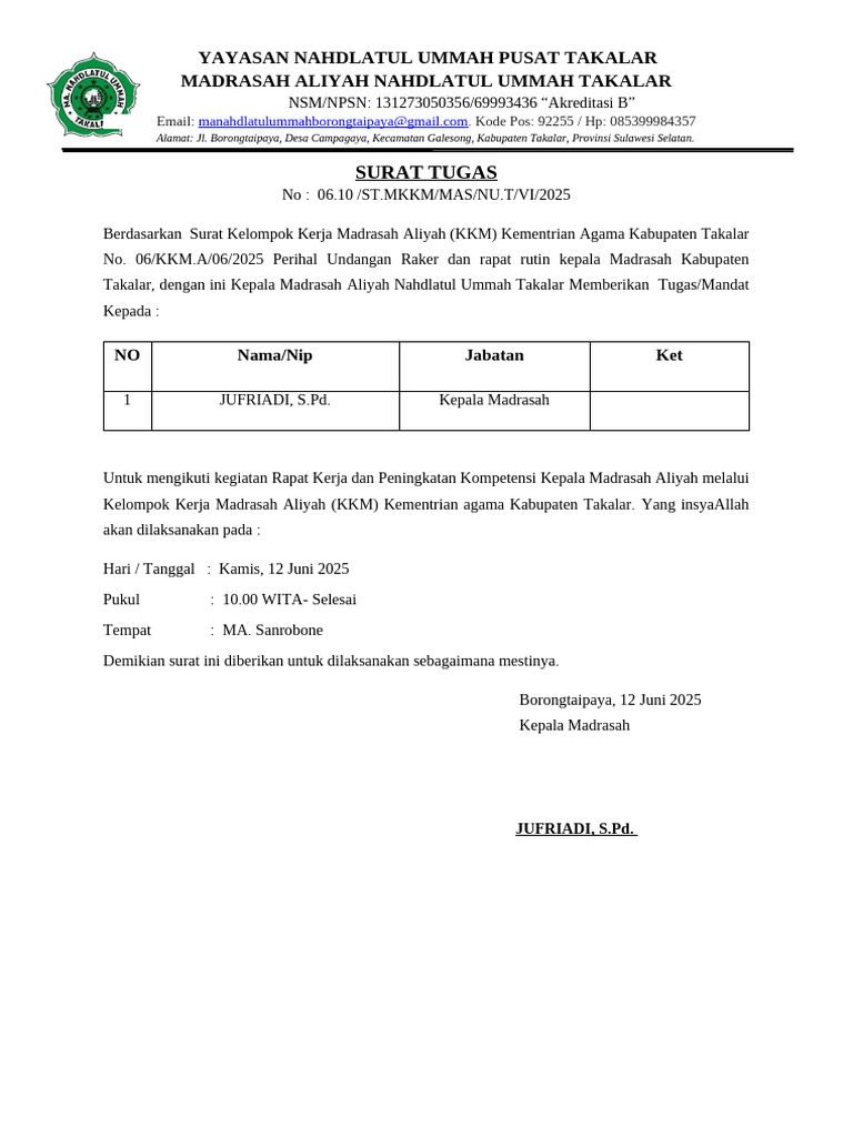 Surat Tugas Rapat Kerja MA Takalar | PDF