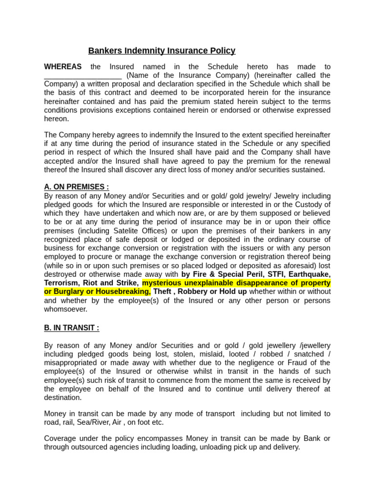 Bankers Indemnity Insurance Policy Guide | PDF | Insurance | Negotiable ...
