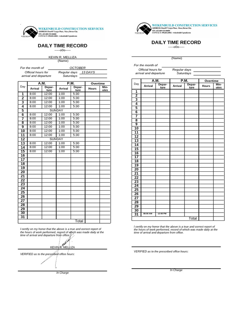 October Daily Time Record for Kevin Melliza | PDF