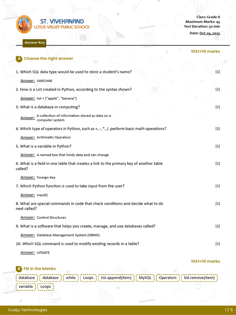 Grade 8 SQL and Python Test Answer Key | PDF | Control Flow | Databases