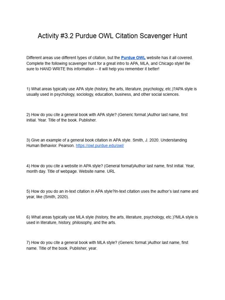Activity #3.2 Purdue OWL Citation Scavenger Hunt | PDF | Citation ...