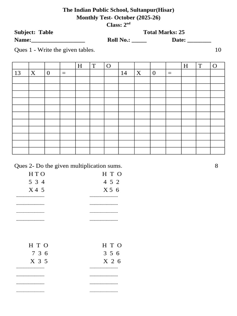 Class 2 Monthly Test: Math Tables | PDF